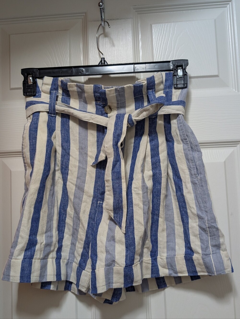 NWT MADEWELL linen blend striped paperbag shorts Blue White Size 0